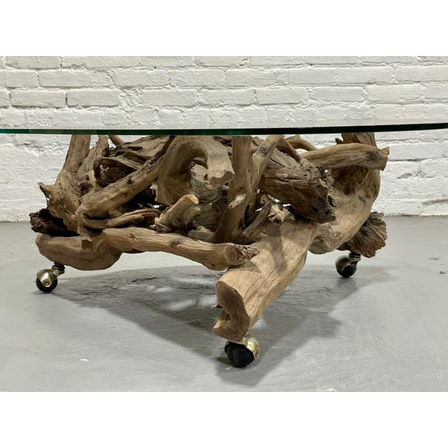 Mid Century Modern Driftwood + Glass Coffee Table | Organic Modern Cocktail Table Castors For Sale - Image 11 of 14