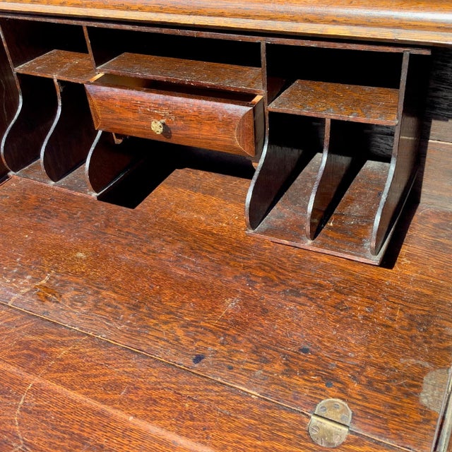 Art Nouveau Antique Oak Carved Slant Front Desk For Sale - Image 3 of 12