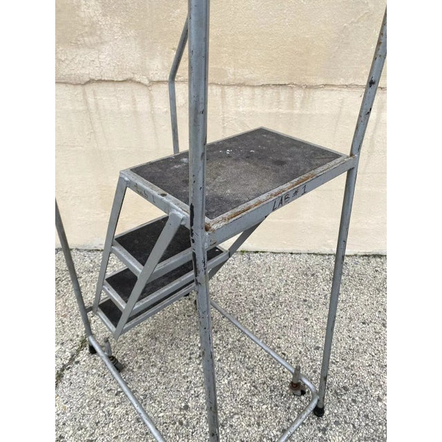 Vintage Ballymore Warehouse Garage 4 Step Metal Rolling Safety Ladder With Rails For Sale - Image 9 of 10