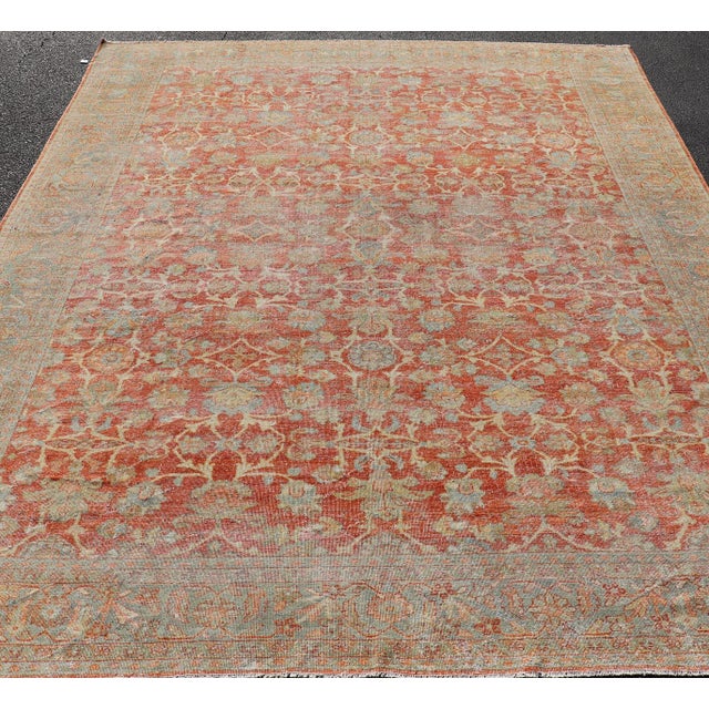 Antique Persian Sultanabad Rug With Floral Soft Red Field and Pale Blue Border For Sale - Image 4 of 15