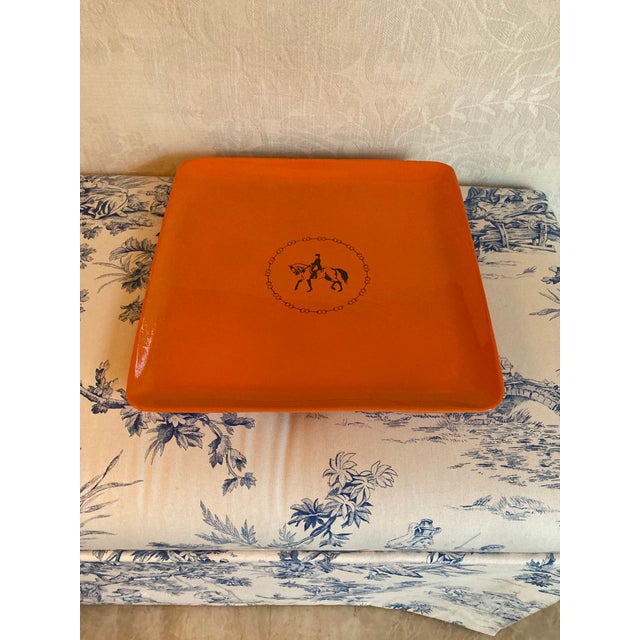 Vintage wooden hand painted lacquered Hermes inspired orange equestrian change catch all tray. Shiny durable finish. Great...
