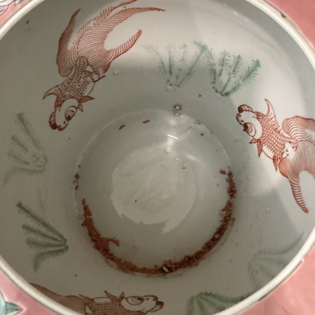 Mid 20th Century Vintage Large Chinoiserie Large Porcelain Koi Fish Bowl Planter Floral Motif For Sale - Image 5 of 12