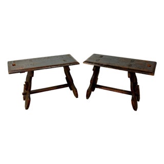 Pair of Rustic Spanish Wooden Stools, 1900s For Sale
