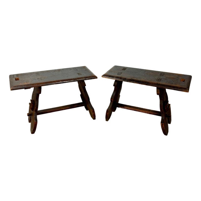 Pair of Rustic Spanish Wooden Stools, 1900s For Sale