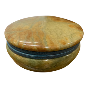Vintage Italian Hand Carved Amber, Gold and Olive Green Round Alabaster Marble Trinket Box
