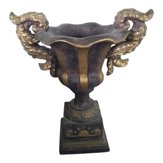 Vintage Composite Brass and Gold Colored Urn With Acanthus Leaf Handles For Sale