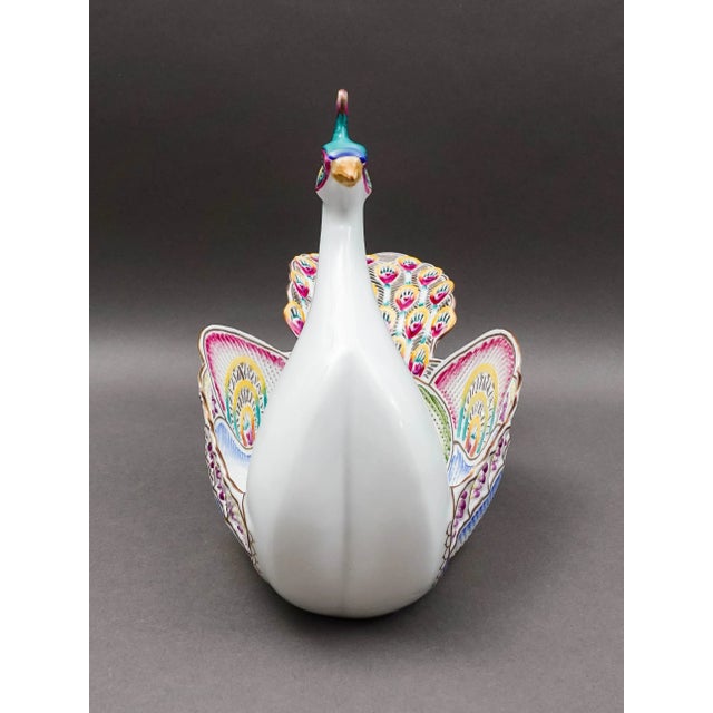 Traditional Mid 20th Century Moga Romania Hand Painted Porcelain Large Peacock Centerpiece Bowl For Sale - Image 3 of 8