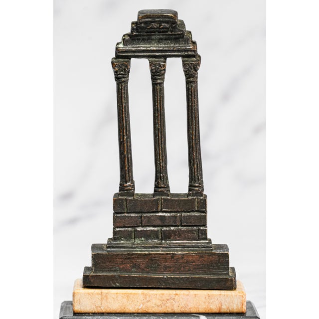 Grand Tour Lovely Pair Antique Small Miniature Bronze Roman Temple Models, Grand Tour Vespasian Castor Pollux Marble Base Neoclassical For Sale - Image 3 of 15