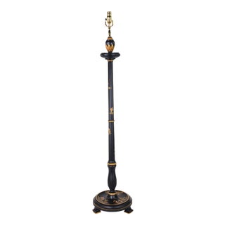 Vintage Black Column Wood Hand-Painted Golden Chinoiseries Floor Lamp For Sale