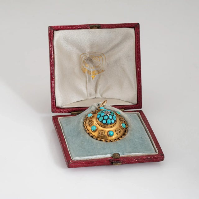 Antique Victorian Turquoise Locket 14k Yellow Gold Diamond Pendant Fitted Case For Sale In Los Angeles - Image 6 of 8