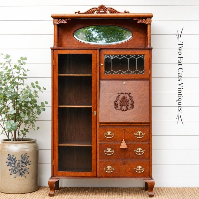 Antique Oak Side-by-Side Secretary Desk | Bookcase | China Cabinet | Larkin-style The Pinnacle of Late Victorian /...