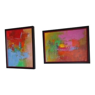 Pair Vintage Color Field Abstract Midcentury Paintings Rose and Blue For Sale