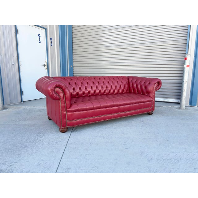1980s 1980s Vintage Tufted Red Leather Rolled-Arm Chesterfield Sofa For Sale - Image 5 of 11
