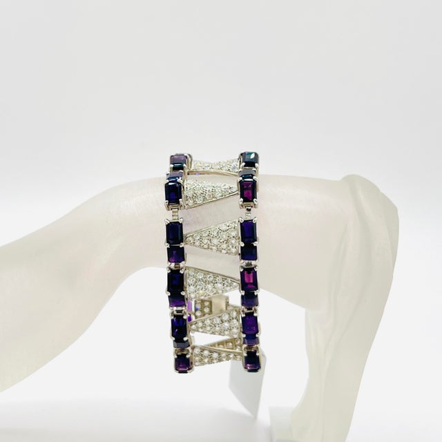 Modern Amethyst Emerald Cut & Round Diamond Bracelet in Platinum & Palladium For Sale - Image 3 of 8