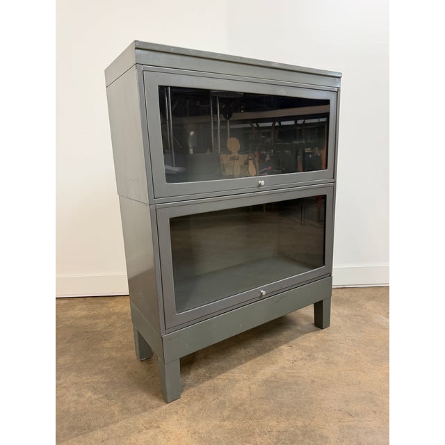 Vintage Industrial Steel Barrister Bookcase With Glass Lift-Up Doors For Sale - Image 9 of 13