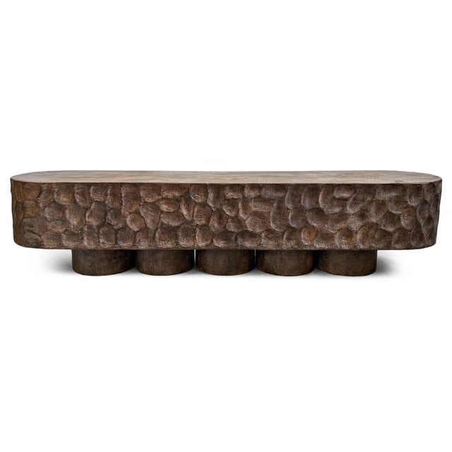 Wood Vintage Coffee Washed Organic Modern Ripple Bench For Sale - Image 7 of 11