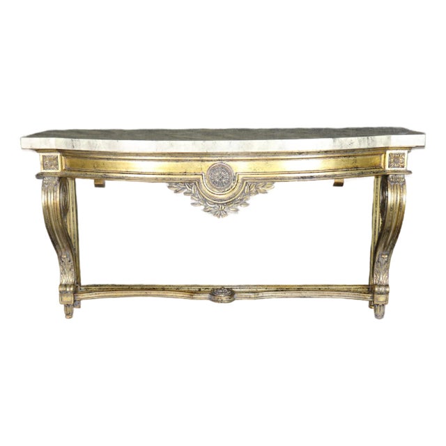 Gorgeous Gold Leaf Wall Mounted Faux Marble French Louis XVI Console Table For Sale