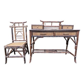 British Colonial Style Faux Bamboo and Grasscloth Pagoda Desk -Set of 2 For Sale