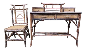 British Colonial Style Faux Bamboo and Grasscloth Pagoda Desk -Set of 2