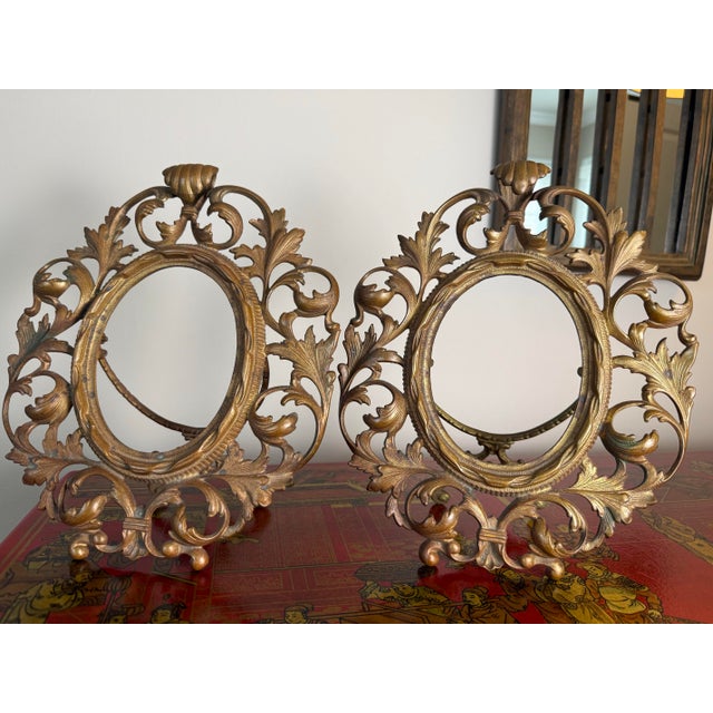 Pair of Antique Rococo Revival Brass Easel Frames Gilt Finish For Sale - Image 10 of 11