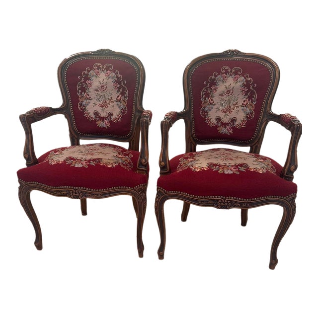 1970s Pair of French Style Needlepoint Boudoir Carved Chairs For Sale