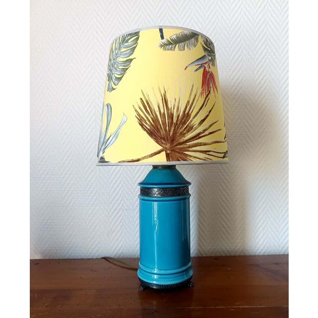 Blue Ceramic Lamp with Claw Feet and Foliage Lampshade, 1960s For Sale - Image 6 of 14