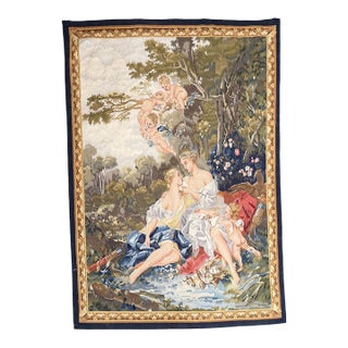 Vintage Pastoral Tapestry With Women and Cherubs For Sale