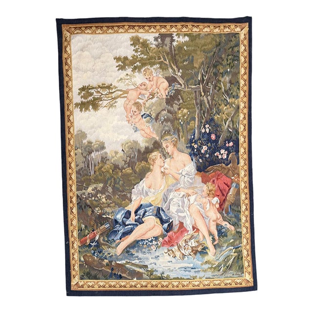 Vintage Pastoral Tapestry With Women and Cherubs For Sale