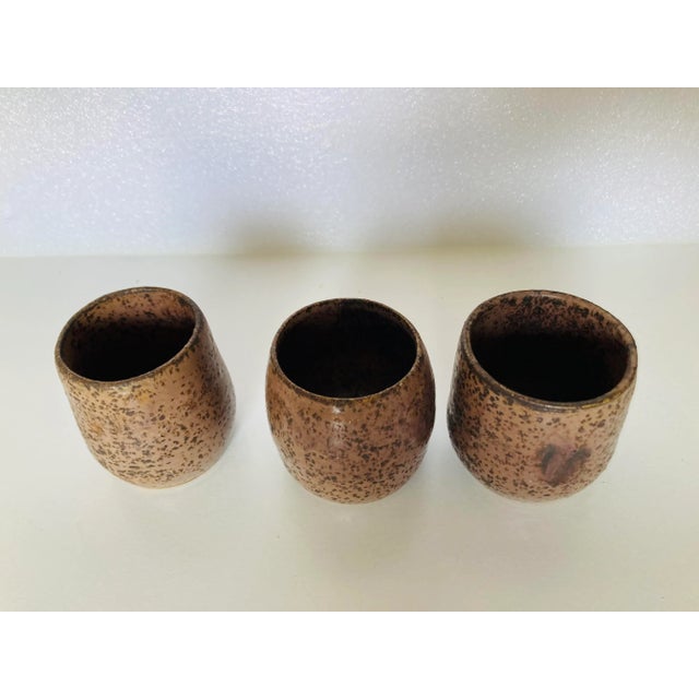 Japanese 90's French Country Style Handmade Artist Signed Pottery Sake Cups Set of 3 For Sale - Image 3 of 7