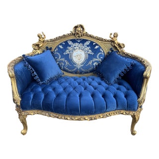 1940 French Louis XVI Gold Beech Blue Velvet Settee For Sale