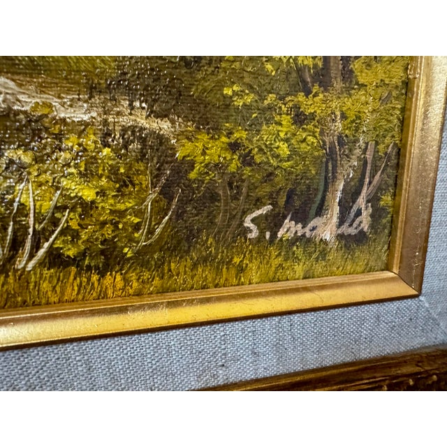 Traditional Mid Century Framed Landscape Oil Painting Signed S Mold With Carved Gilt Wood Frame For Sale - Image 3 of 8