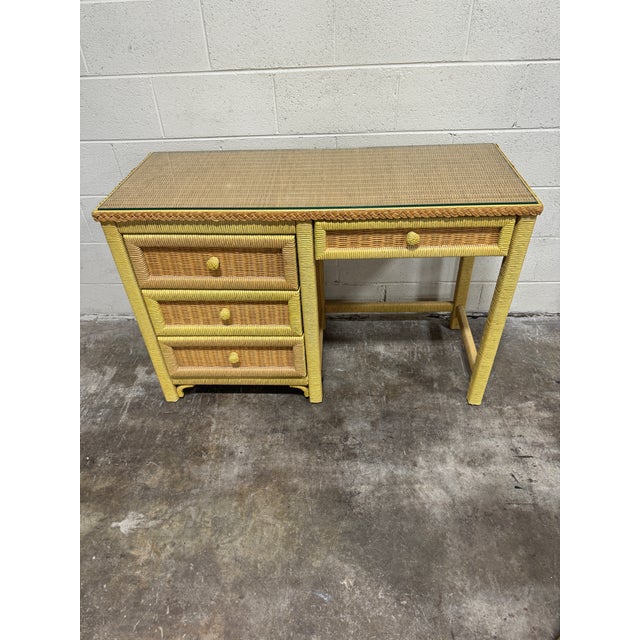 Great set. Heavy wicker. Drawers functional. Some wear to the in the front of the drawers but easily repainted. Chair...