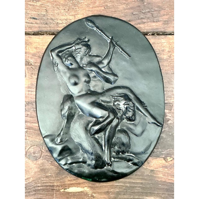 Figurative Vintage Green Glass Relief "Nymph With Two Satyrs" For Sale - Image 3 of 12