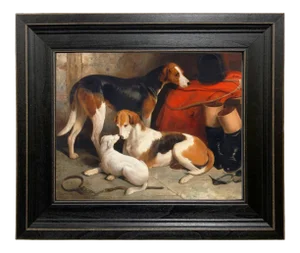 "A Couple of Foxhounds with a Terrier" Contemporary Reproduction Print on Canvas After William Barraud, Framed