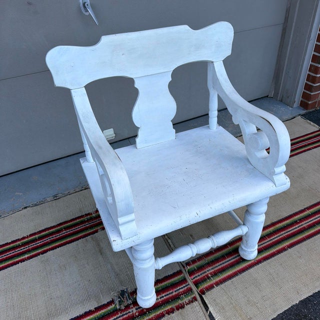 Paint Antique White Painted Plank Seat Arm Chair, Pennsylvania, Circa 1860-1880 For Sale - Image 7 of 16