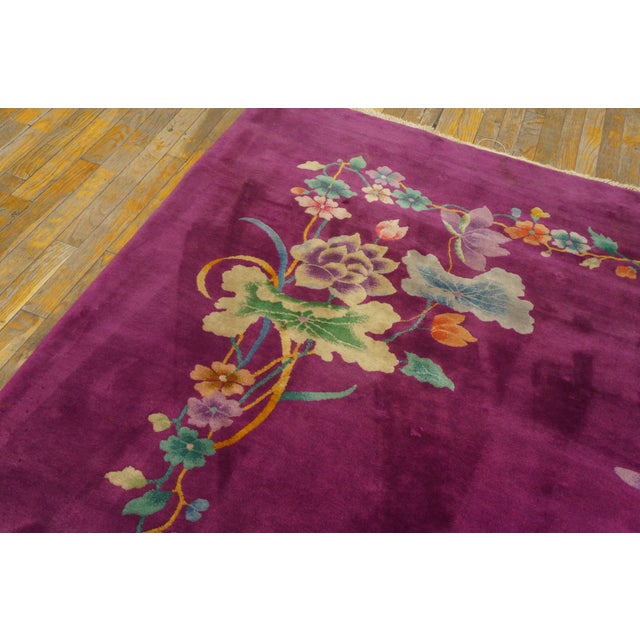 Textile 1920s Purple Mauve Floral Modern Antique Chinese Art Deco Rug 8' 6" X 11' 4" Handknotted Wool Carpet For Sale - Image 7 of 8