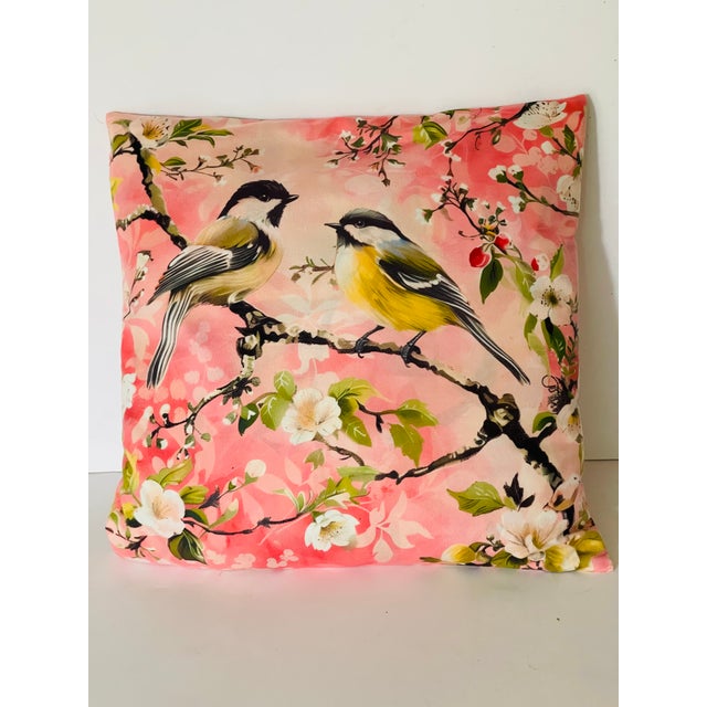 Cute velveteen two birds pillow with pink florals. Duck feathers down insert.