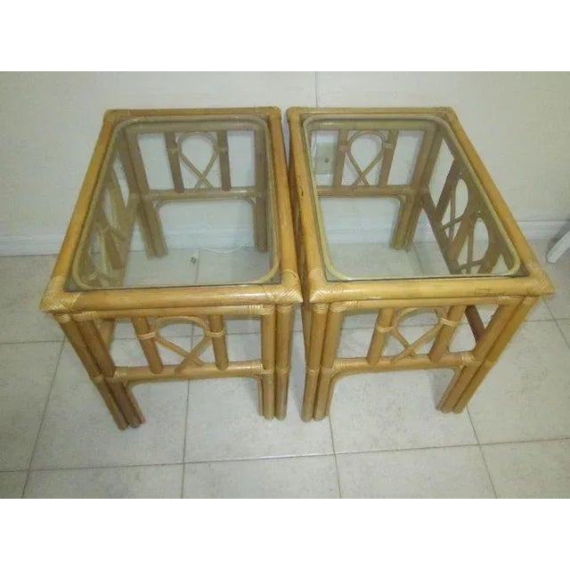 1990s Vintage Tiki Palm Beach Bamboo Rattan End Table Glass Top Honey Color Set of 2 For Sale - Image 10 of 12