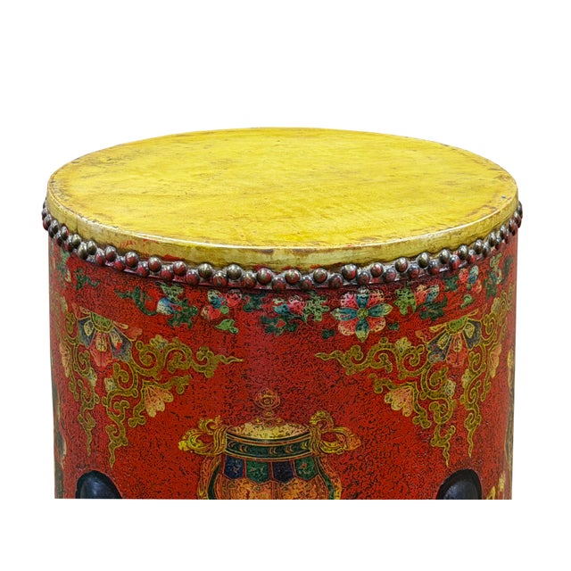 Oriental Tibetan Style Red Auspicious Flower Motifs Drum Table For Sale In San Francisco - Image 6 of 10