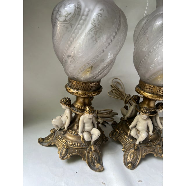 Brass 1920s Art Nouveau Style Boudoir Cherub Lamps With Original Glass Globe - a Pair For Sale - Image 8 of 13