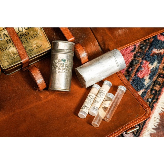 Stately English Antique Leather Suede Case With Tins Home Decor Prop For Sale - Image 13 of 16