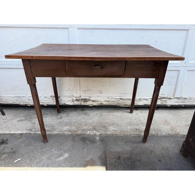 Antique Early American Primitive Rustic Style Painted 1 Drawer Work Dining Table For Sale - Image 9 of 17