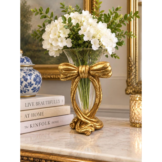Elegant decorative vase featuring an oversized sculptural bow in a rich antiqued gold finish. The clear flared glass...