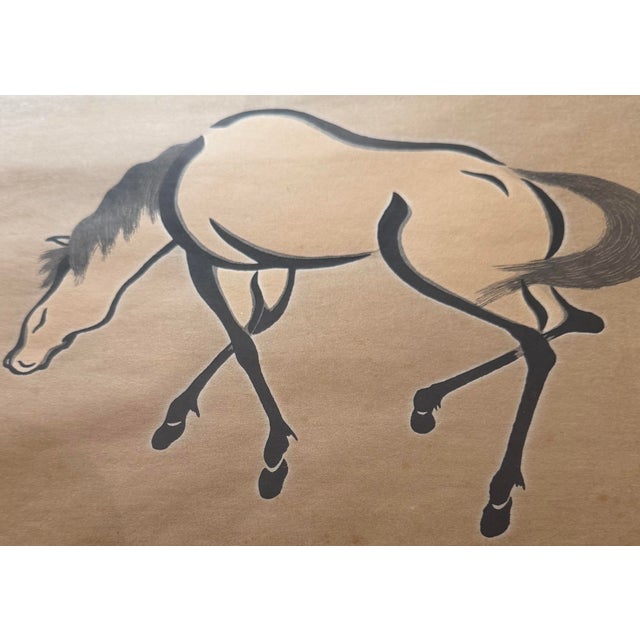 Beautiful mid century modern woodblock print of a horse by Japanese artist, Yoshijiro "Mokuchu" Urushibara. The vintage...