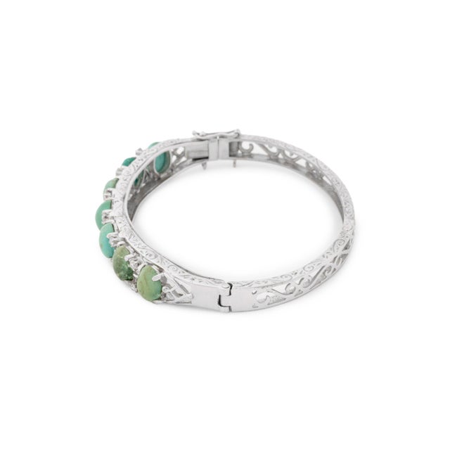 Late 20th Century 14k White Gold Turquoise Diamond Bangle For Sale - Image 5 of 8