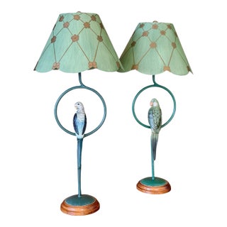 Vintage Coastal Regency Verdigris Parakeet Table Lamps With Scalloped Metal Shades-Pair For Sale