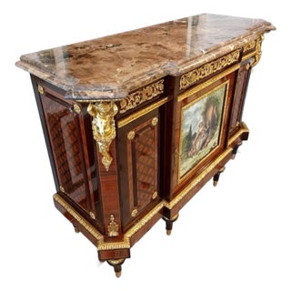 Vintage Marquetry French Cabinet with Ormolu Mounts Marble top For Sale