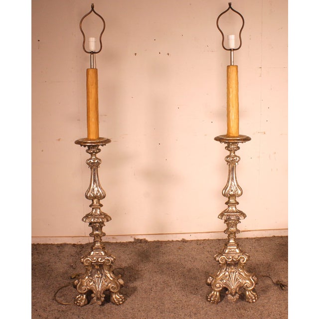 Italian Torcheres in Silver Wood Early 19th Century, Set of 2 For Sale - Image 3 of 9