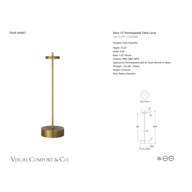 Kelly Wearstler by Visual Comfort Signature Sene 12" Rechargeable Table Lamp in Museum Brass Designer: Kelly Wearstler...