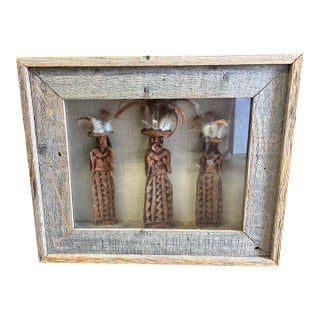 Vintage Framed Mexican Tarahumara Primitive Pine Bark Spirit Dolls in Shadowbox For Sale
